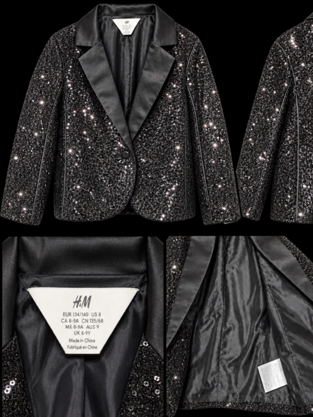H&M Kids Black Sequin Blazer Satin Lapel Sparkle Party Jacket Size 8-9Y